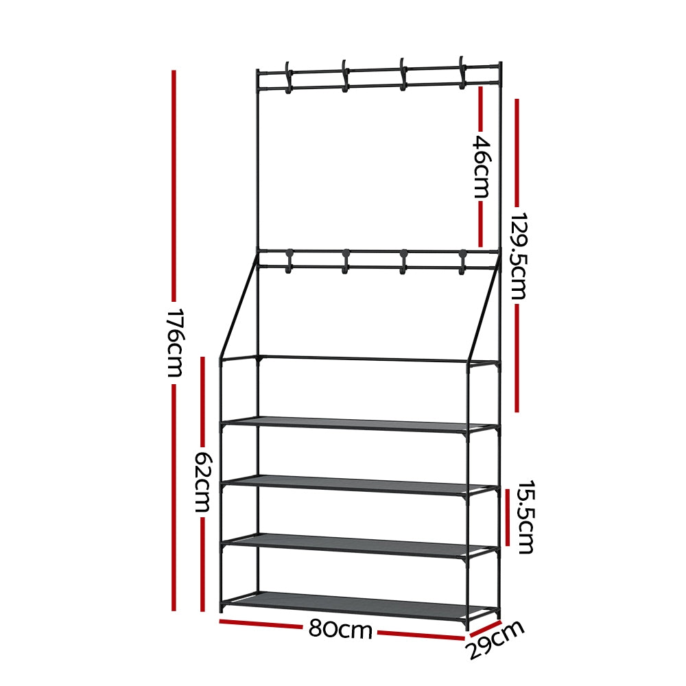 Artiss Black Hall Tree Shoe Rack 16 Pairs 3-in-1 Organiser