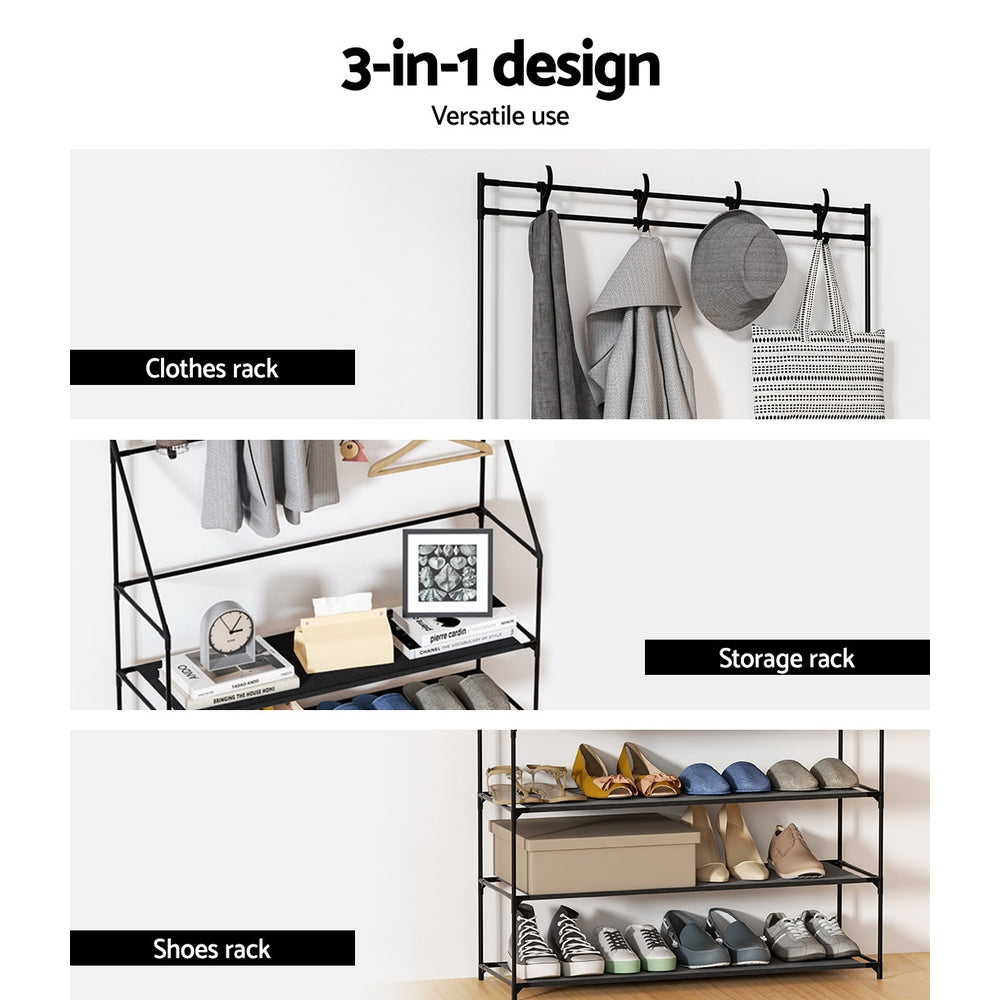 Artiss Black Hall Tree Shoe Rack 16 Pairs 3-in-1 Organiser
