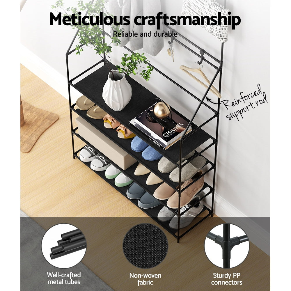 Artiss Black Hall Tree Shoe Rack 16 Pairs 3-in-1 Organiser