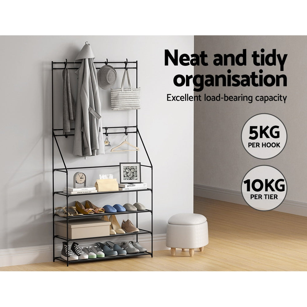 Artiss Black Hall Tree Shoe Rack 16 Pairs 3-in-1 Organiser