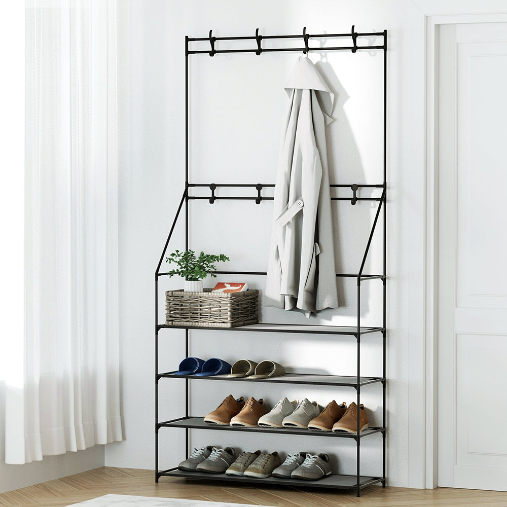 Artiss Black Hall Tree Shoe Rack 16 Pairs 3-in-1 Organiser