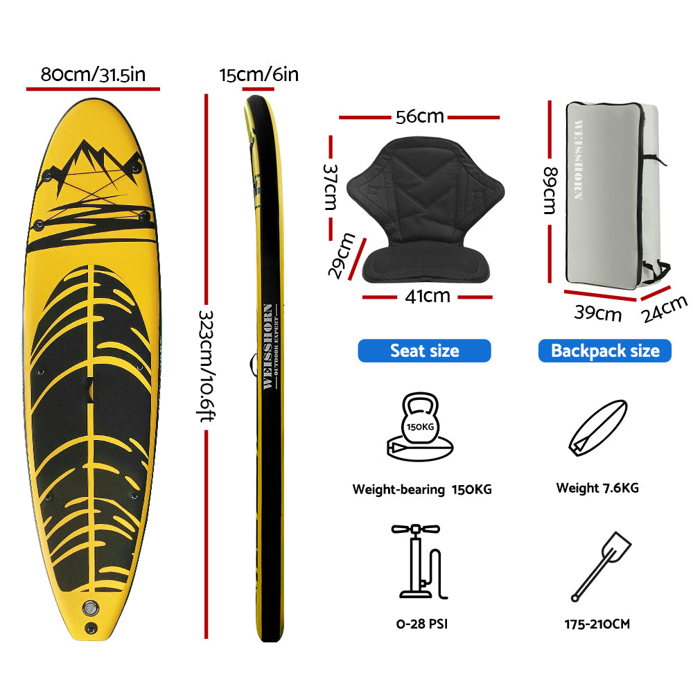 Weisshorn 10.6ft Inflatable SUP Paddleboard Kayak Yellow