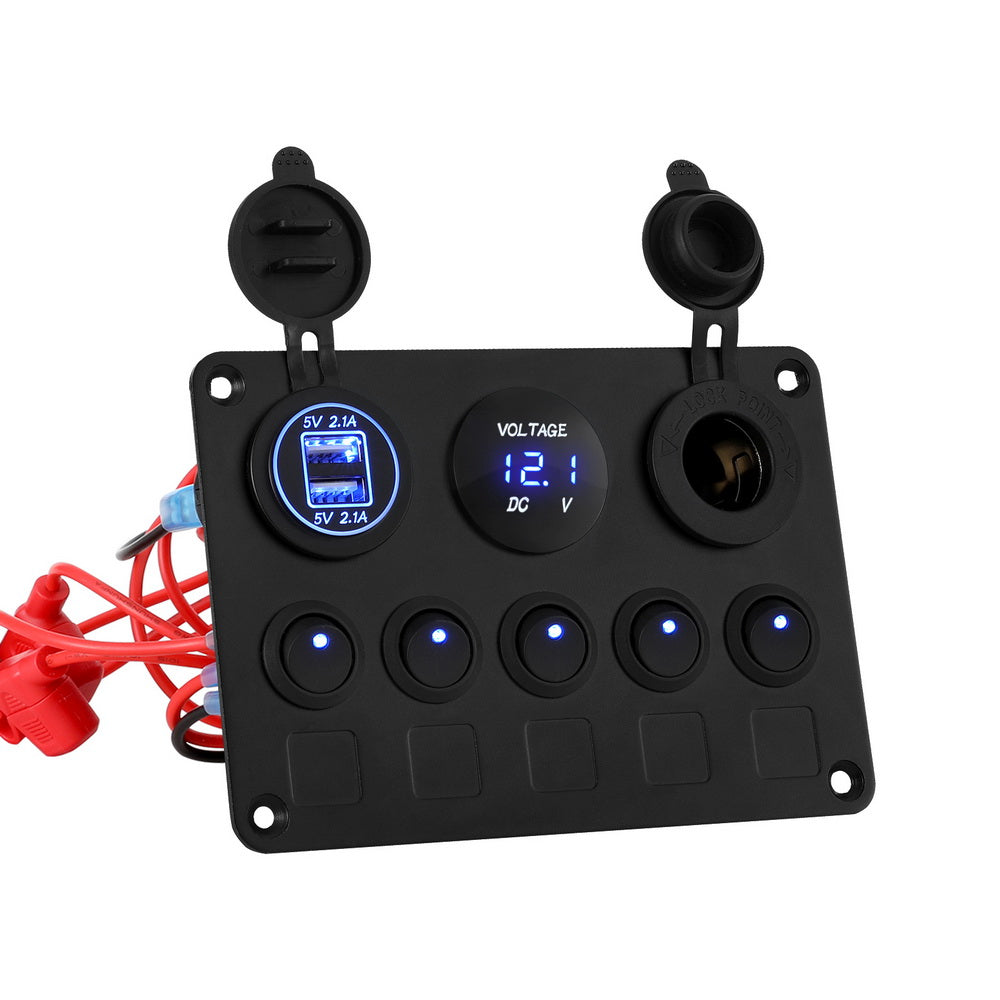 Giantz 5-Gang 12V LED Rocker Switch Panel USB Charger Black