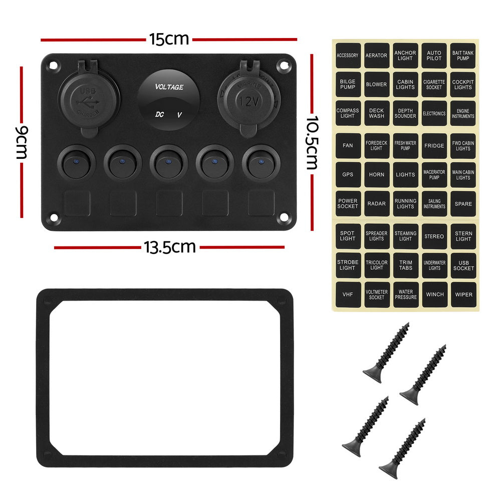Giantz 5-Gang 12V LED Rocker Switch Panel USB Charger Black