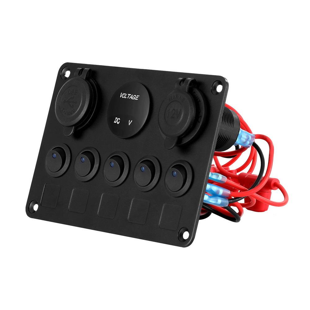 Giantz 5-Gang 12V LED Rocker Switch Panel USB Charger Black