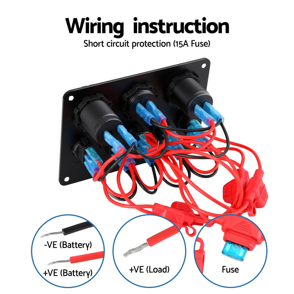 Giantz 5-Gang 12V LED Rocker Switch Panel USB Charger Black