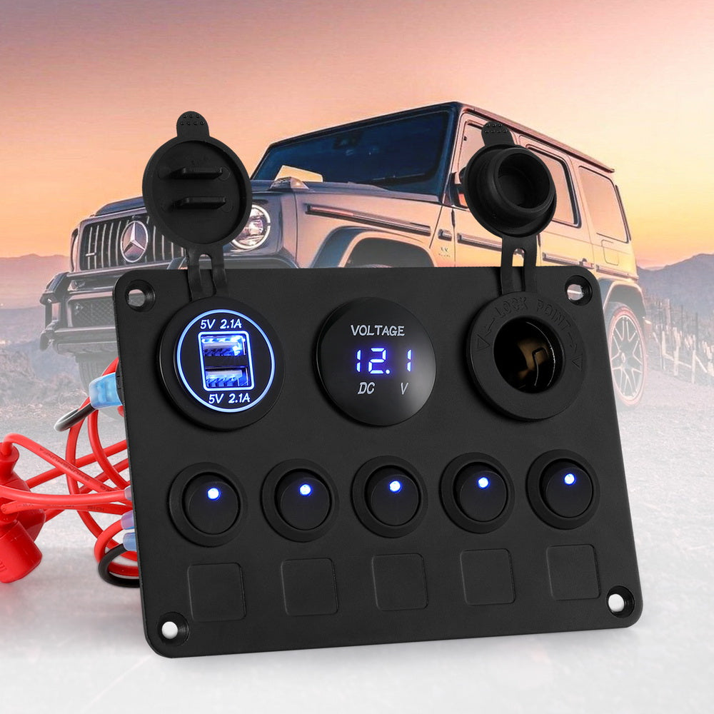 Giantz 5-Gang 12V LED Rocker Switch Panel USB Charger Black