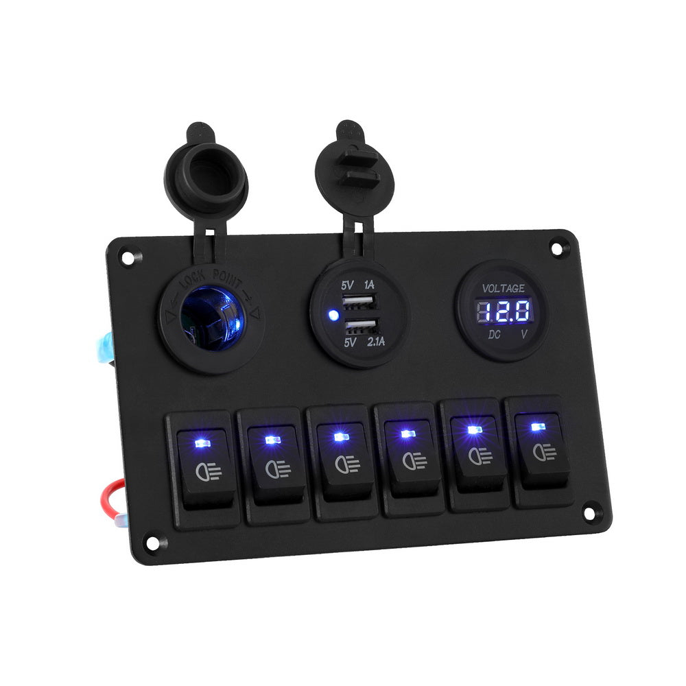 Giantz 6-Gang 12V LED Rocker Switch Panel USB Charger Black