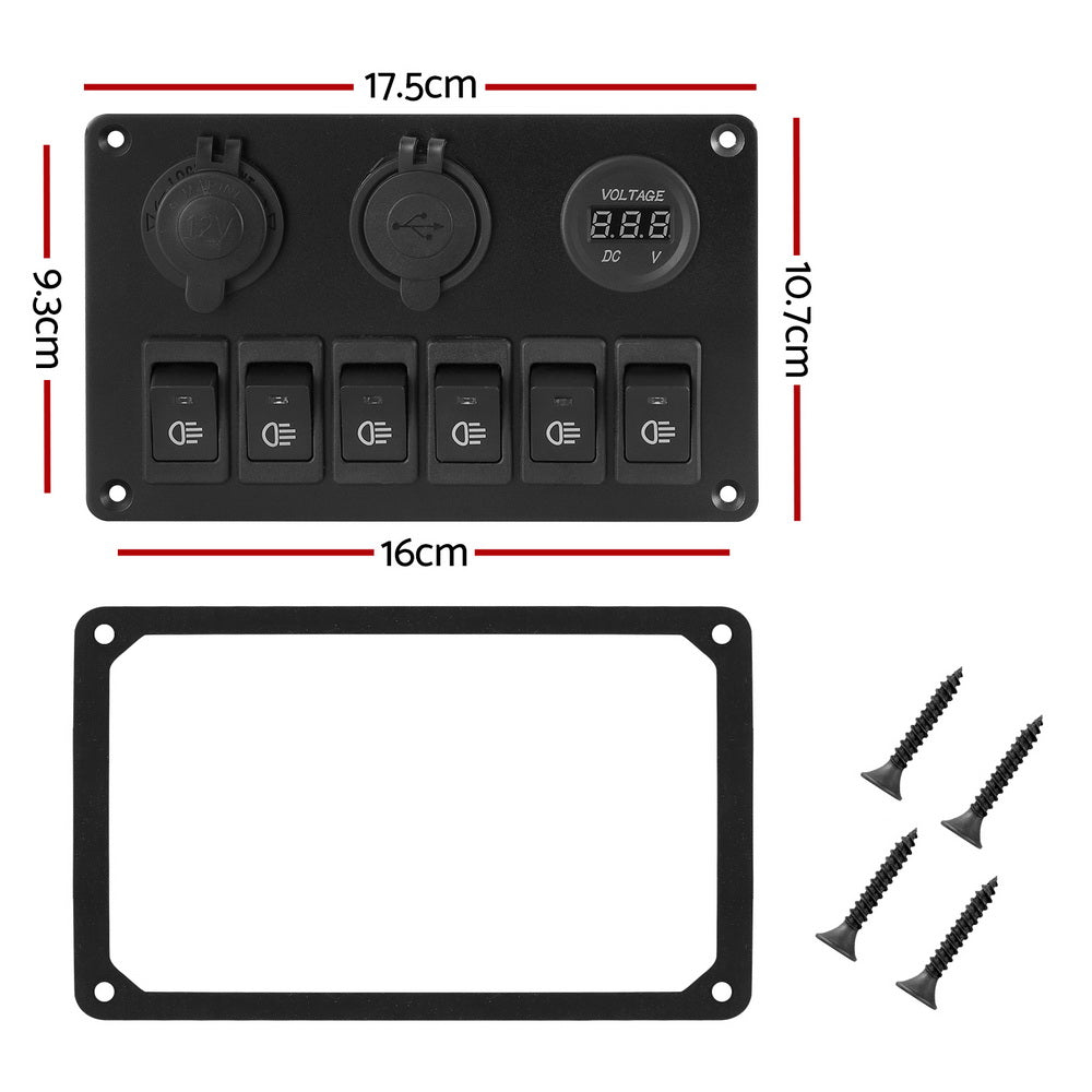 Giantz 6-Gang 12V LED Rocker Switch Panel USB Charger Black