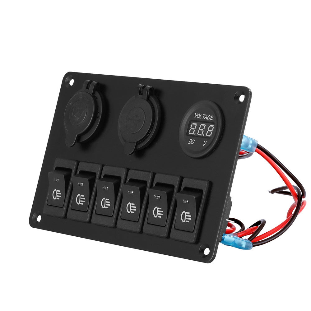 Giantz 6-Gang 12V LED Rocker Switch Panel USB Charger Black
