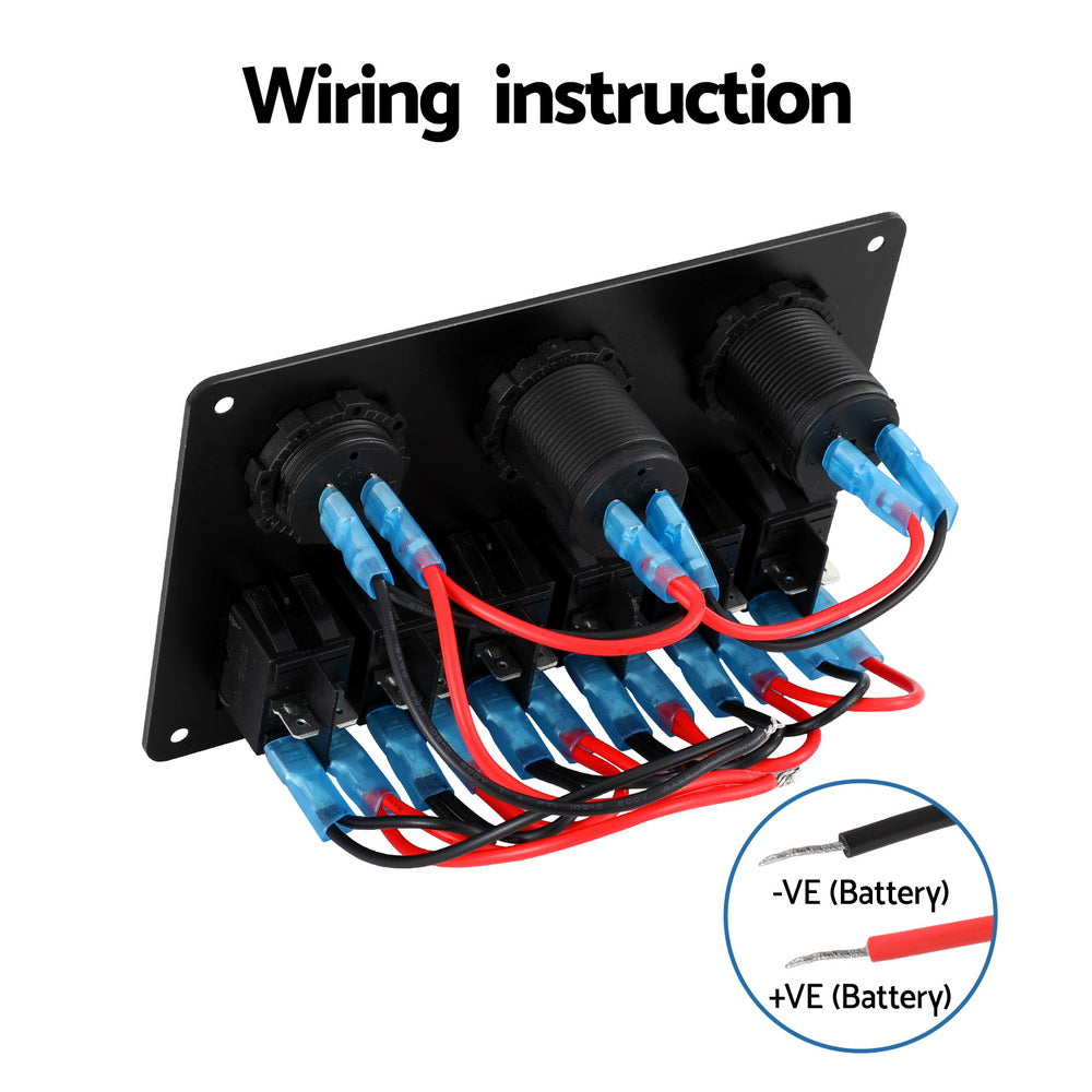 Giantz 6-Gang 12V LED Rocker Switch Panel USB Charger Black