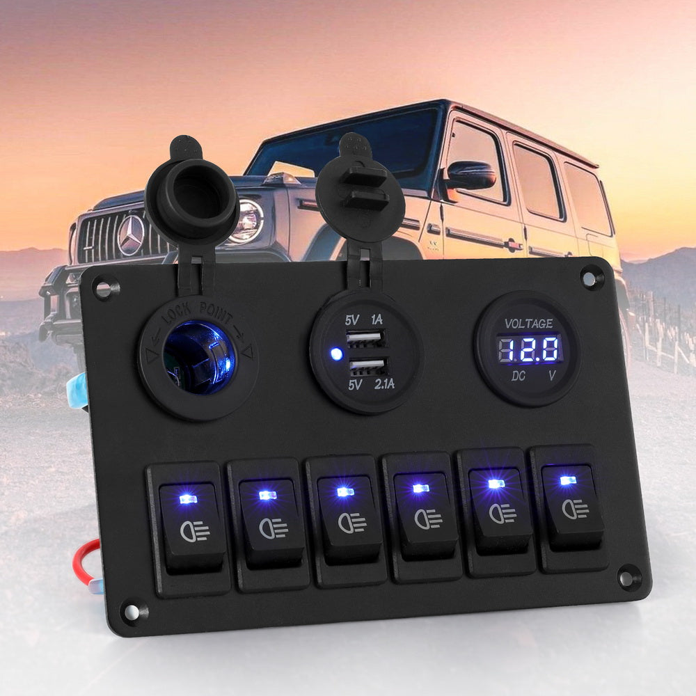 Giantz 6-Gang 12V LED Rocker Switch Panel USB Charger Black