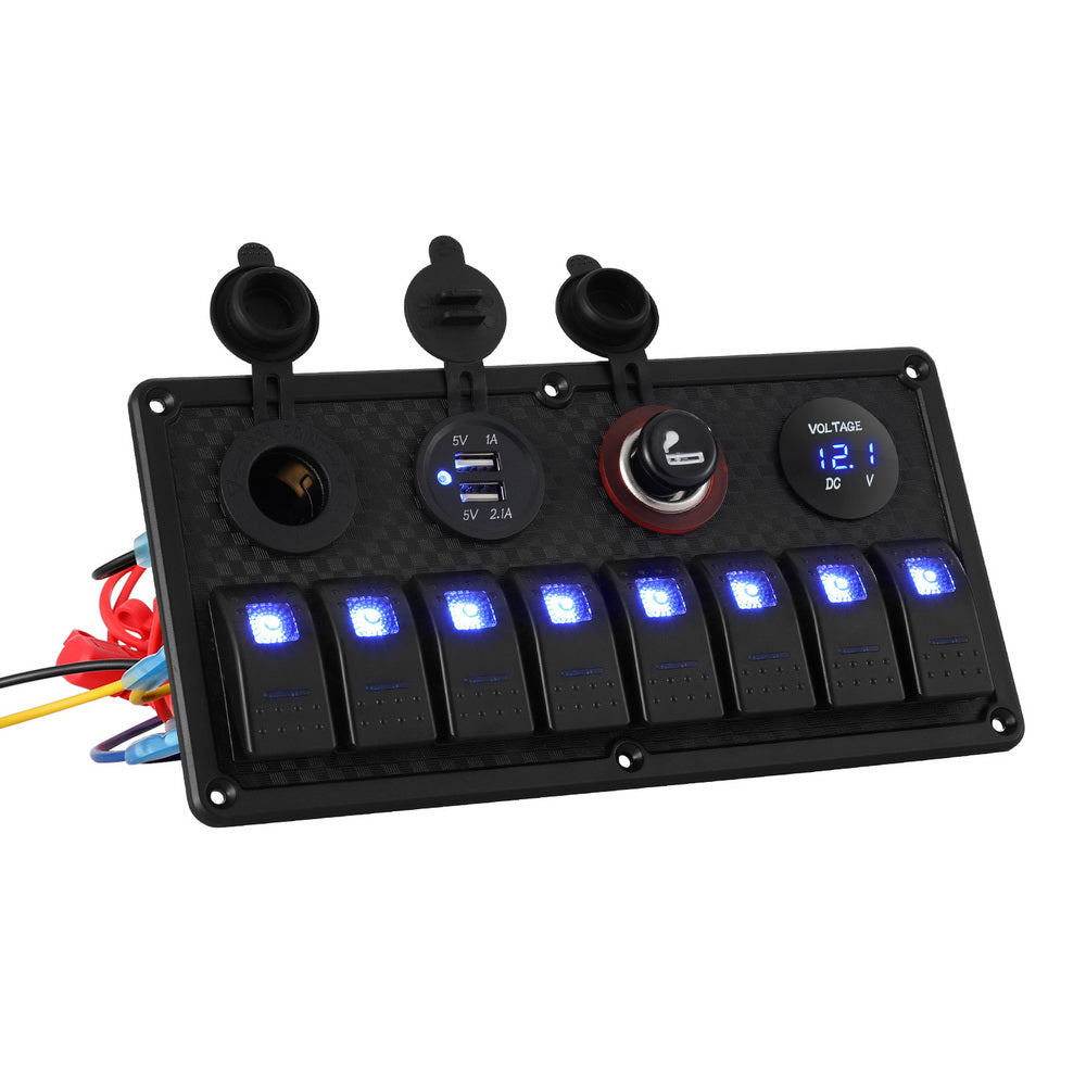 Giantz 8-Gang 12V LED Rocker Switch Panel USB Car Boat Marine Black