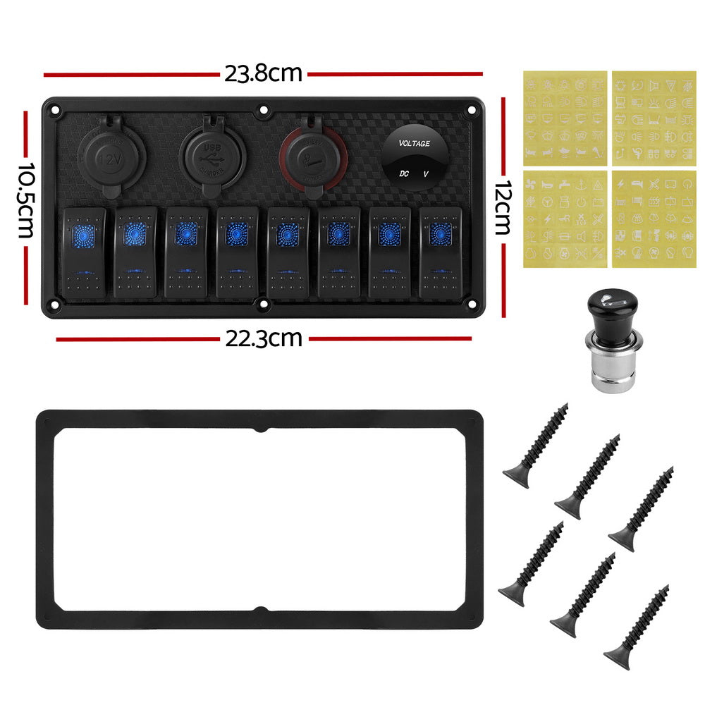 Giantz 8-Gang 12V LED Rocker Switch Panel USB Car Boat Marine Black