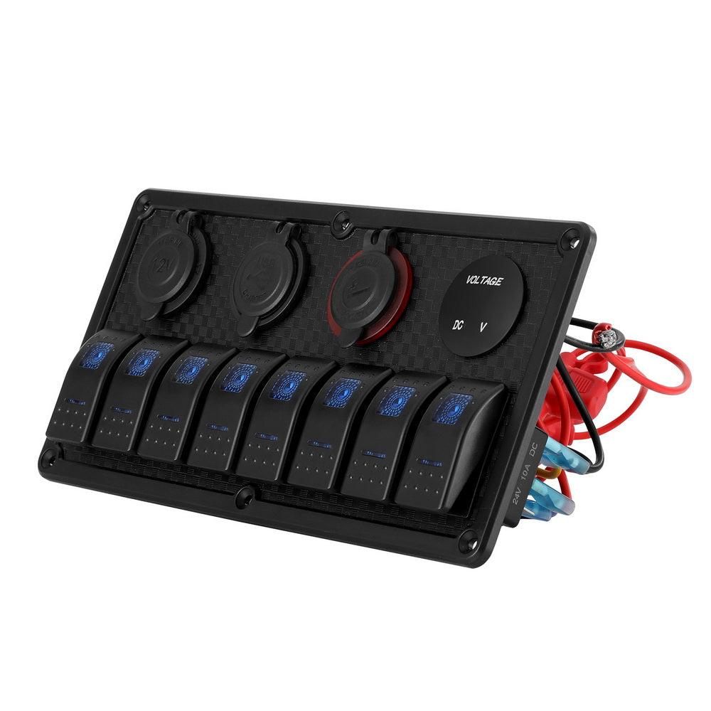 Giantz 8-Gang 12V LED Rocker Switch Panel USB Car Boat Marine Black