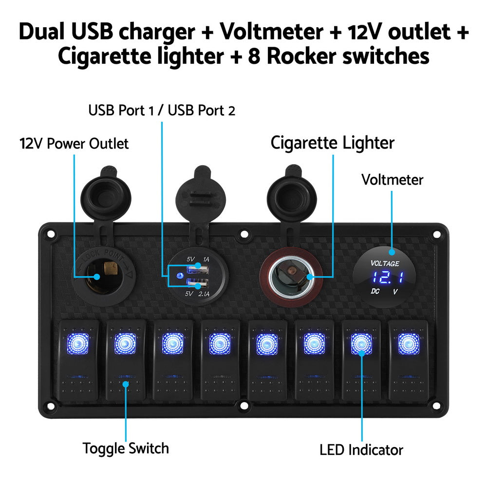 Giantz 8-Gang 12V LED Rocker Switch Panel USB Car Boat Marine Black