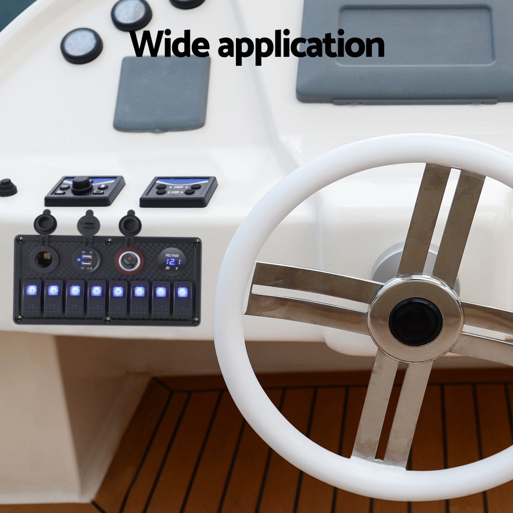 Giantz 8-Gang 12V LED Rocker Switch Panel USB Car Boat Marine Black