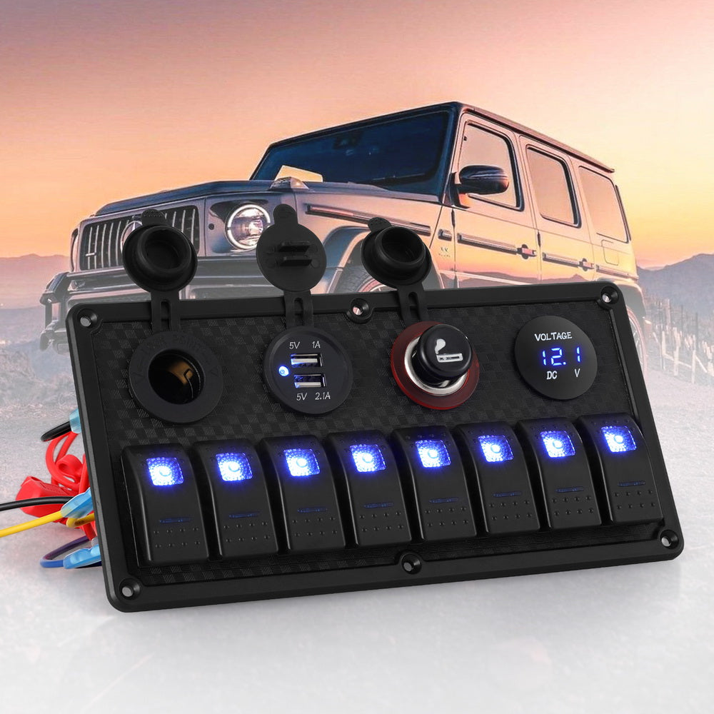 Giantz 8-Gang 12V LED Rocker Switch Panel USB Car Boat Marine Black