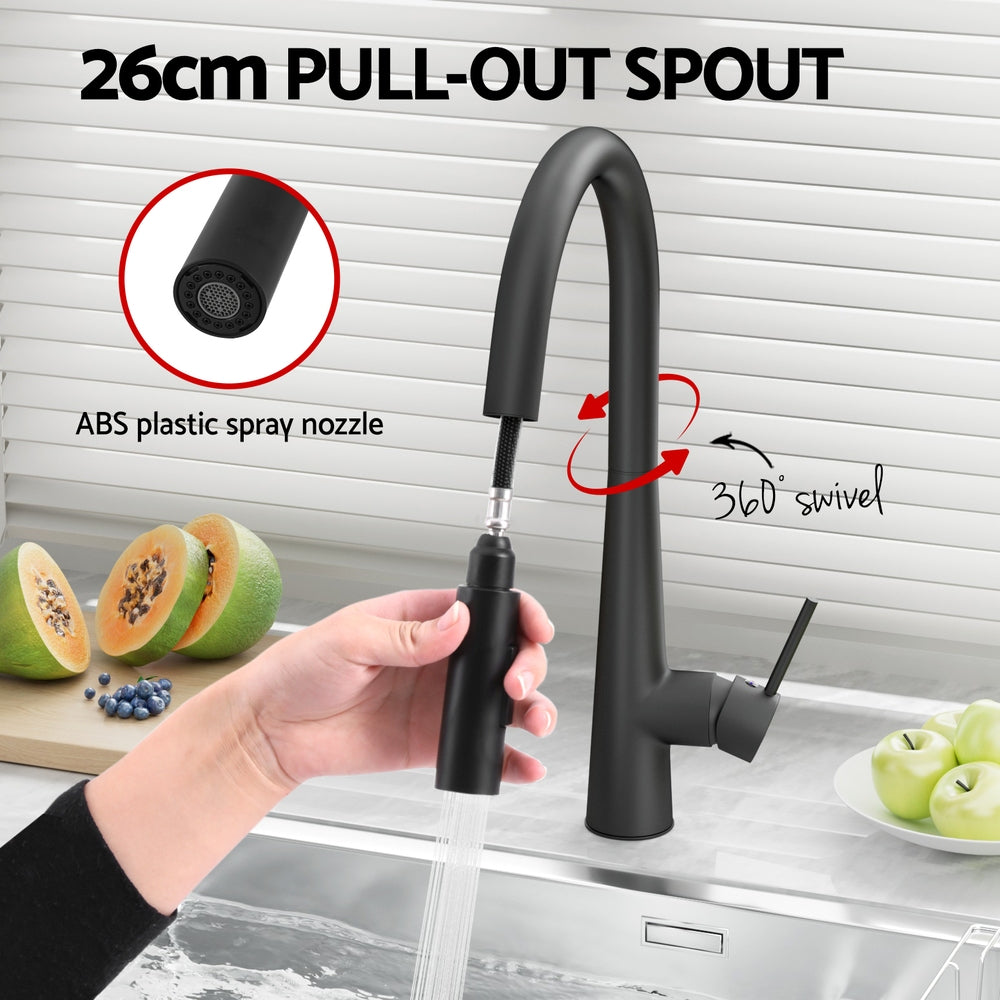 Round Pull-Out Kitchen Mixer Tap 2-Mode Swivel WELS Matte Black