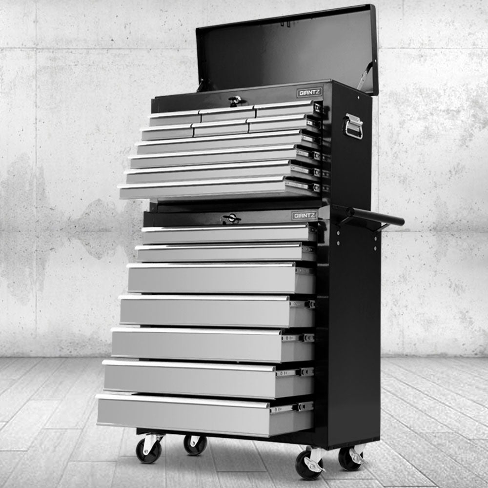 Giantz 17-Drawer Tool Box Cabinet Trolley Garage Storage Black Grey