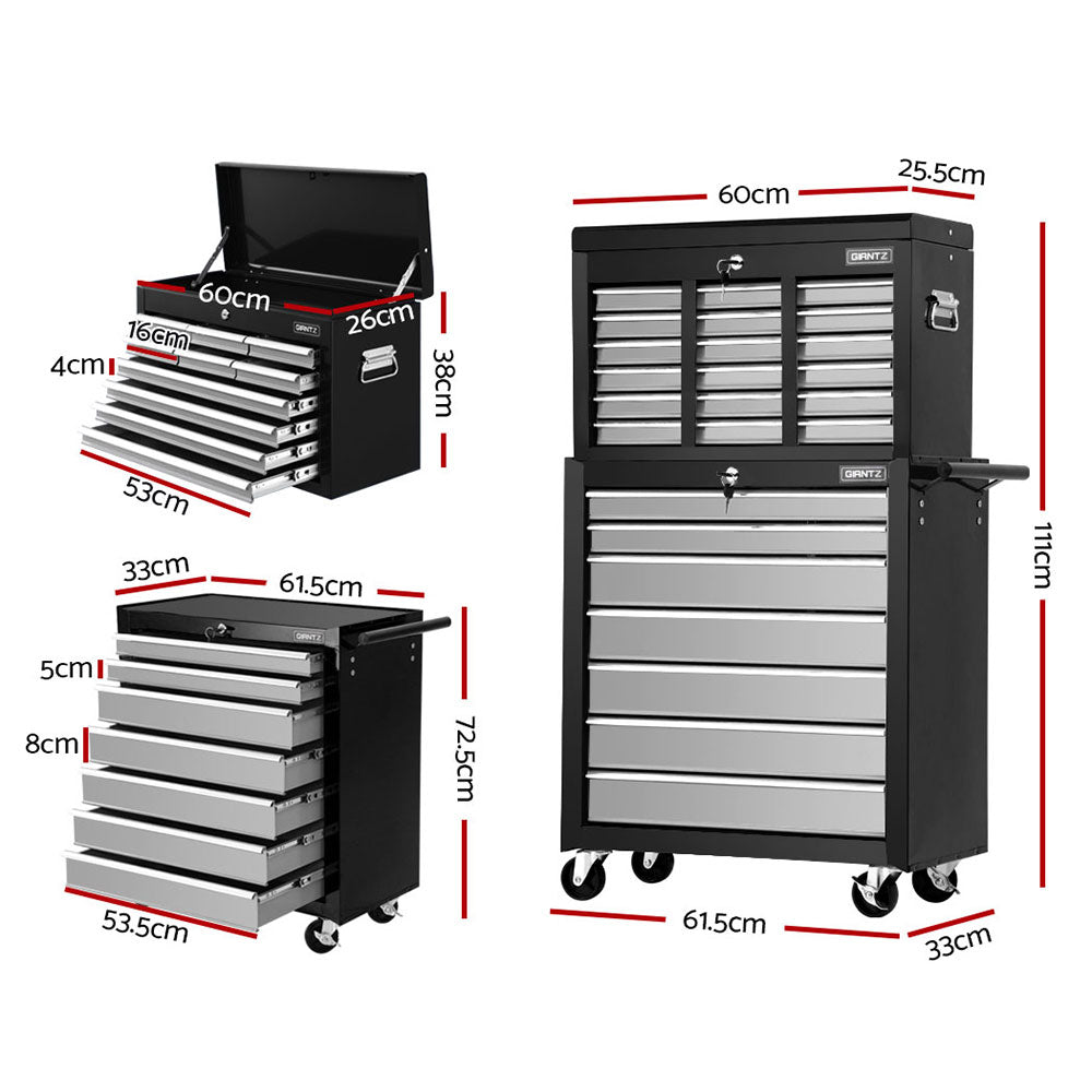 Giantz 17-Drawer Tool Box Cabinet Trolley Garage Storage Black Grey