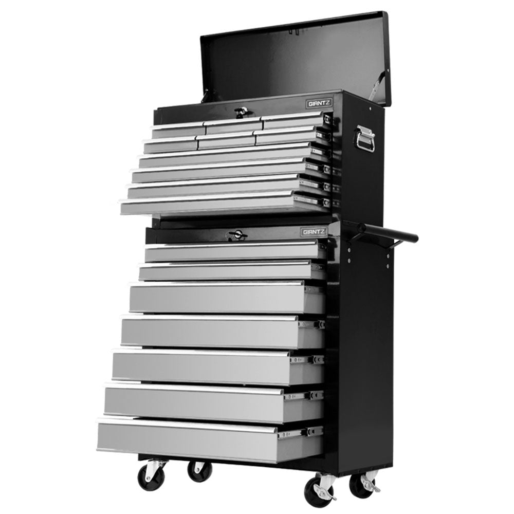 Giantz 17-Drawer Tool Box Cabinet Trolley Garage Storage Black Grey