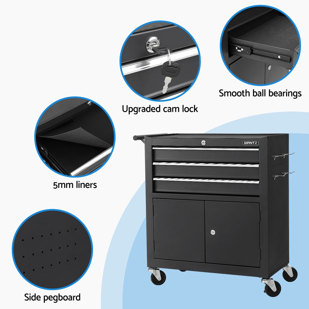 Giantz 3-Drawer Tool Trolley Chest Black with Wheels