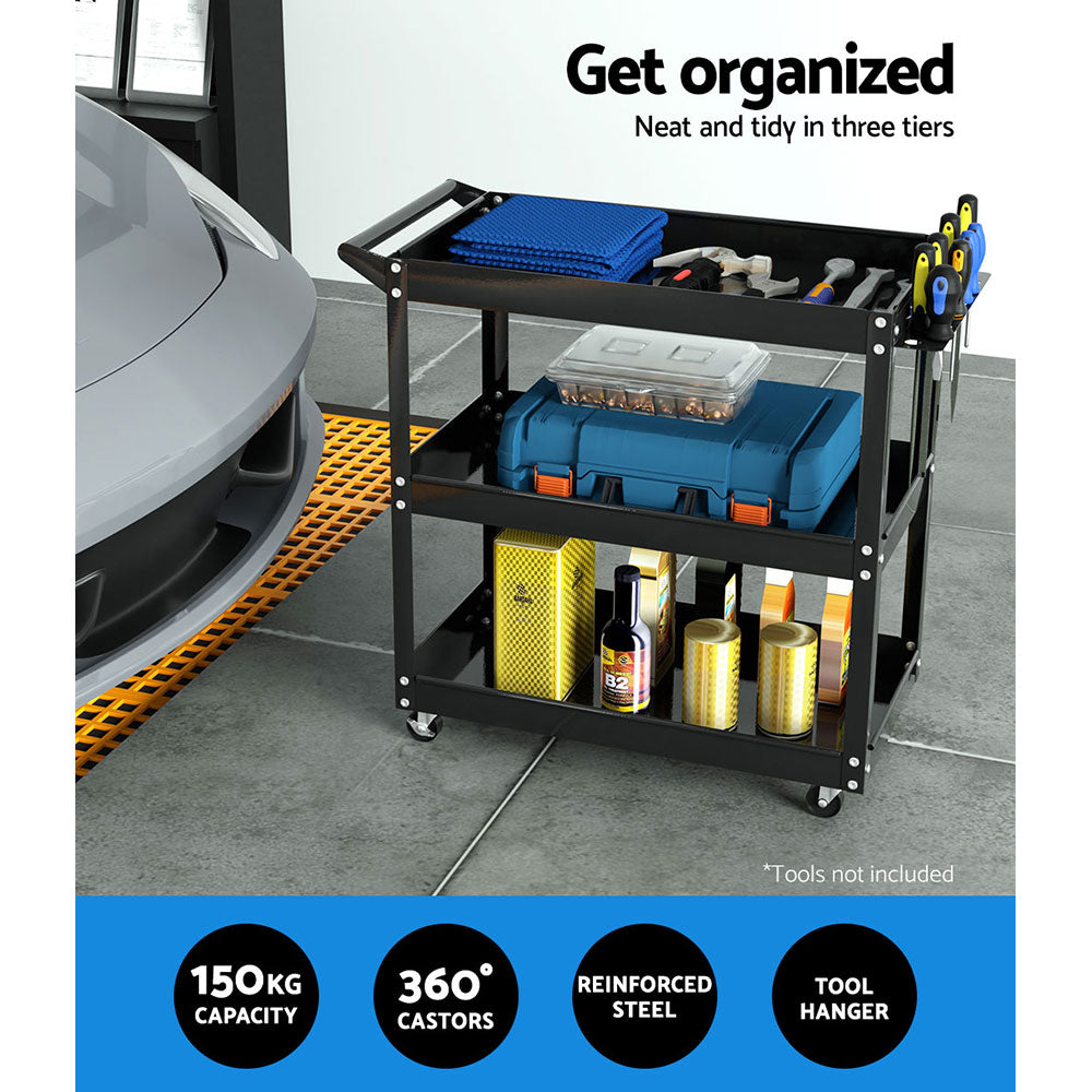 Giantz 3-Tier Tool Cart Trolley Black Workshop Garage Organiser