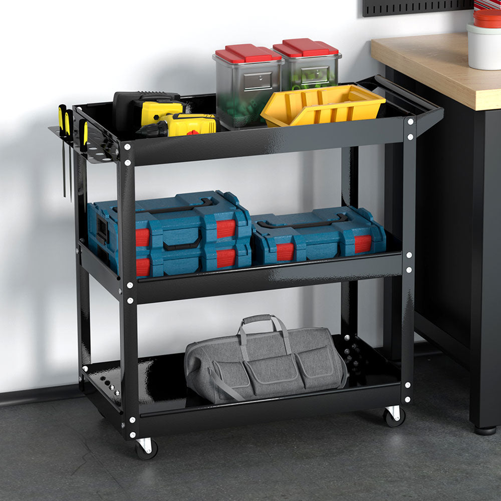 Giantz 3-Tier Tool Cart Trolley Black Workshop Garage Organiser