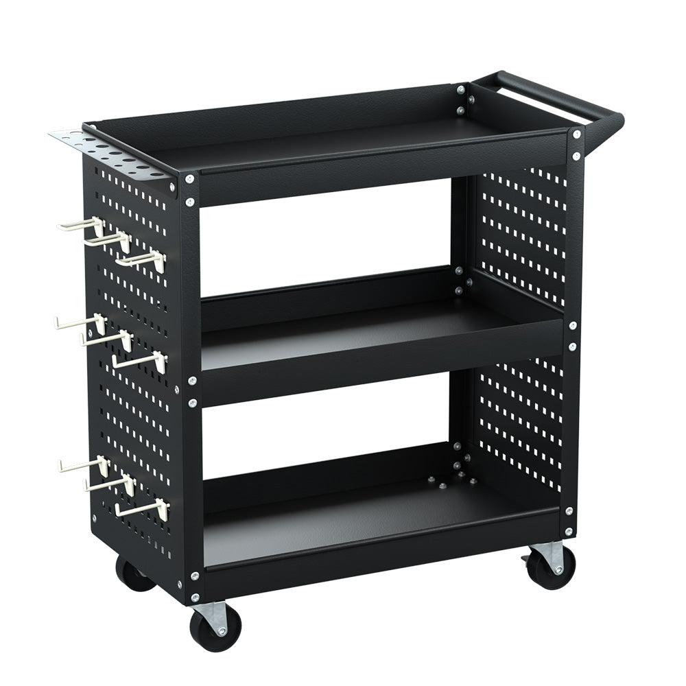 Giantz 3-Tier Tool Cart Storage Trolley Pegboard Hooks Black