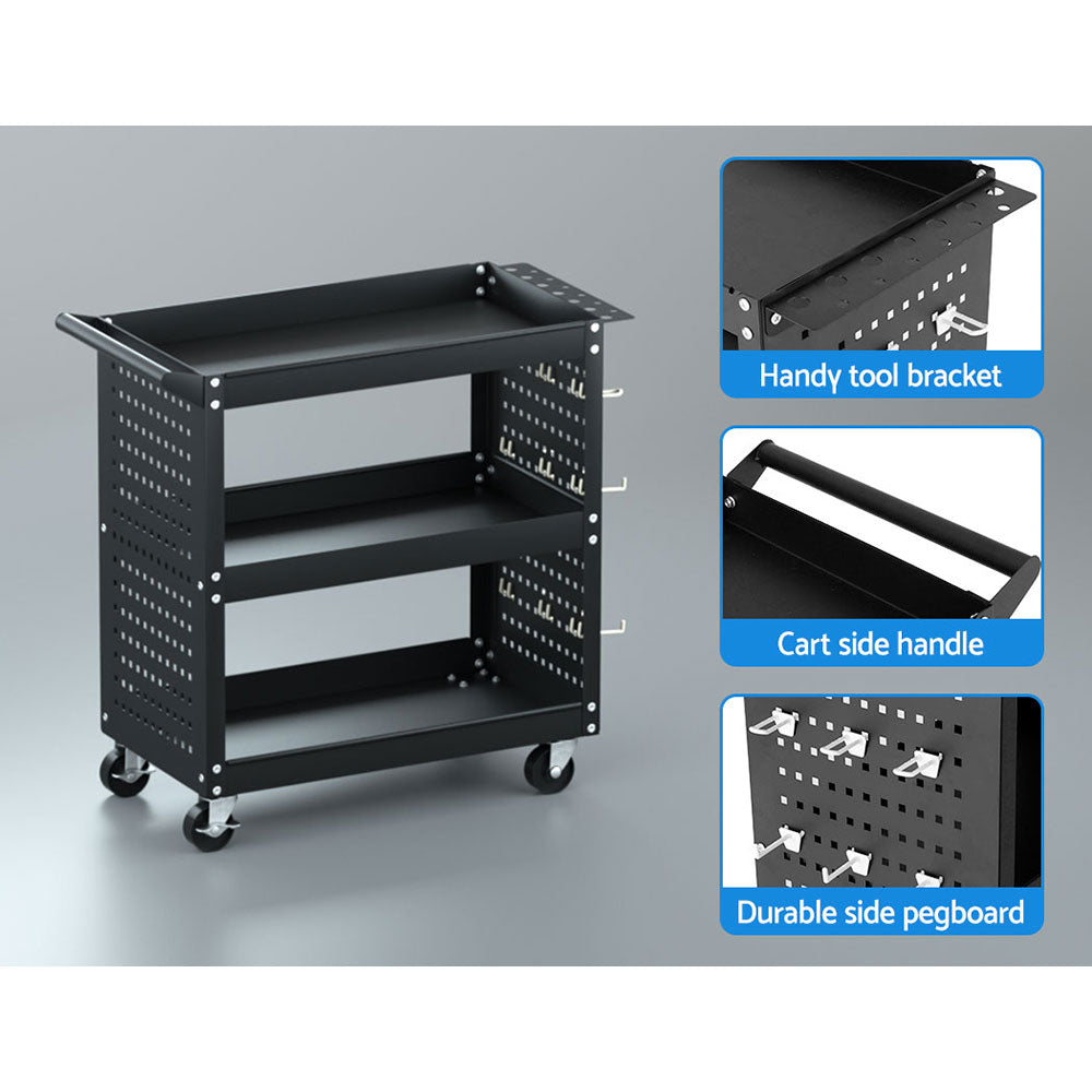 Giantz 3-Tier Tool Cart Storage Trolley Pegboard Hooks Black