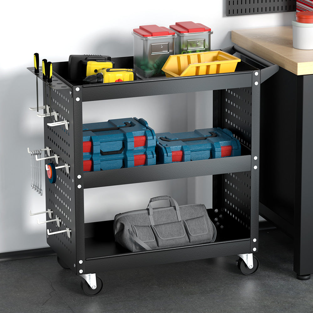 Giantz 3-Tier Tool Cart Storage Trolley Pegboard Hooks Black