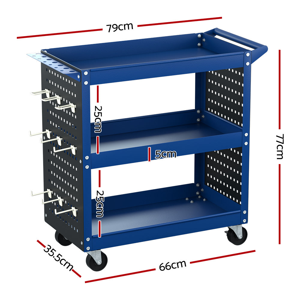 Giantz 3-Tier Tool Cart Trolley Pegboard Hooks Blue