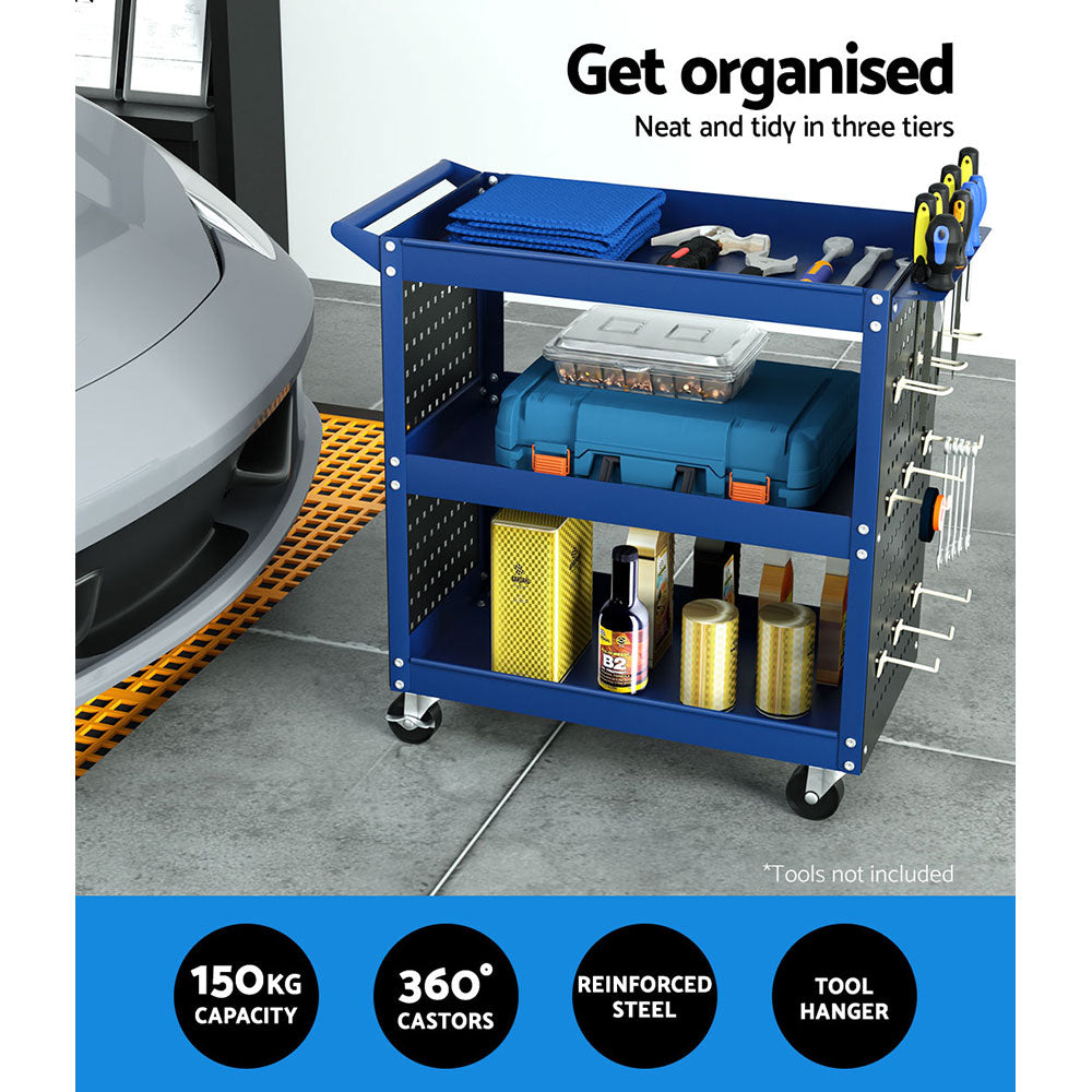 Giantz 3-Tier Tool Cart Trolley Pegboard Hooks Blue