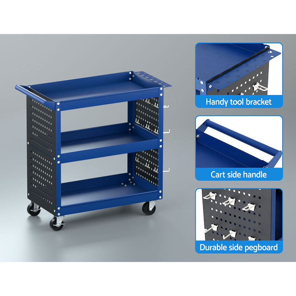 Giantz 3-Tier Tool Cart Trolley Pegboard Hooks Blue
