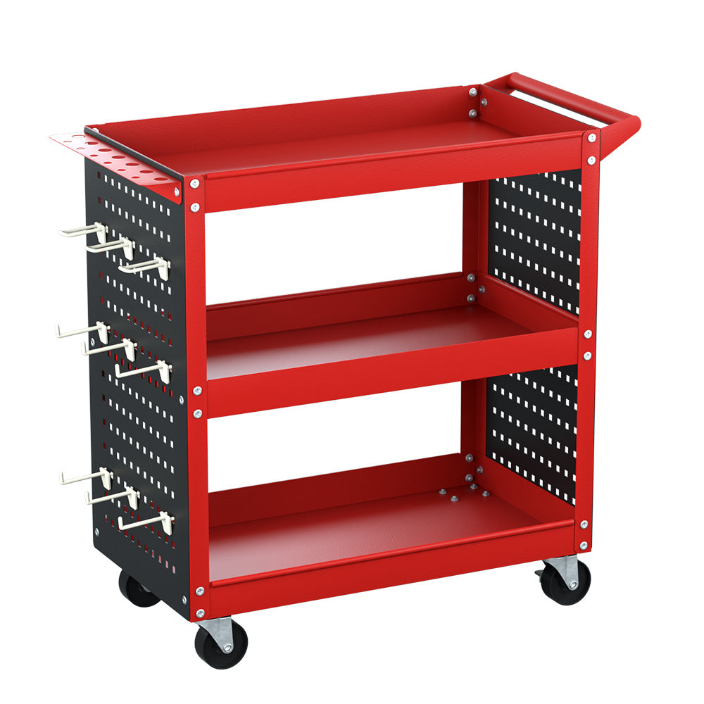 Giantz 3-Tier Tool Cart Workshop Trolley Pegboard Hooks Red