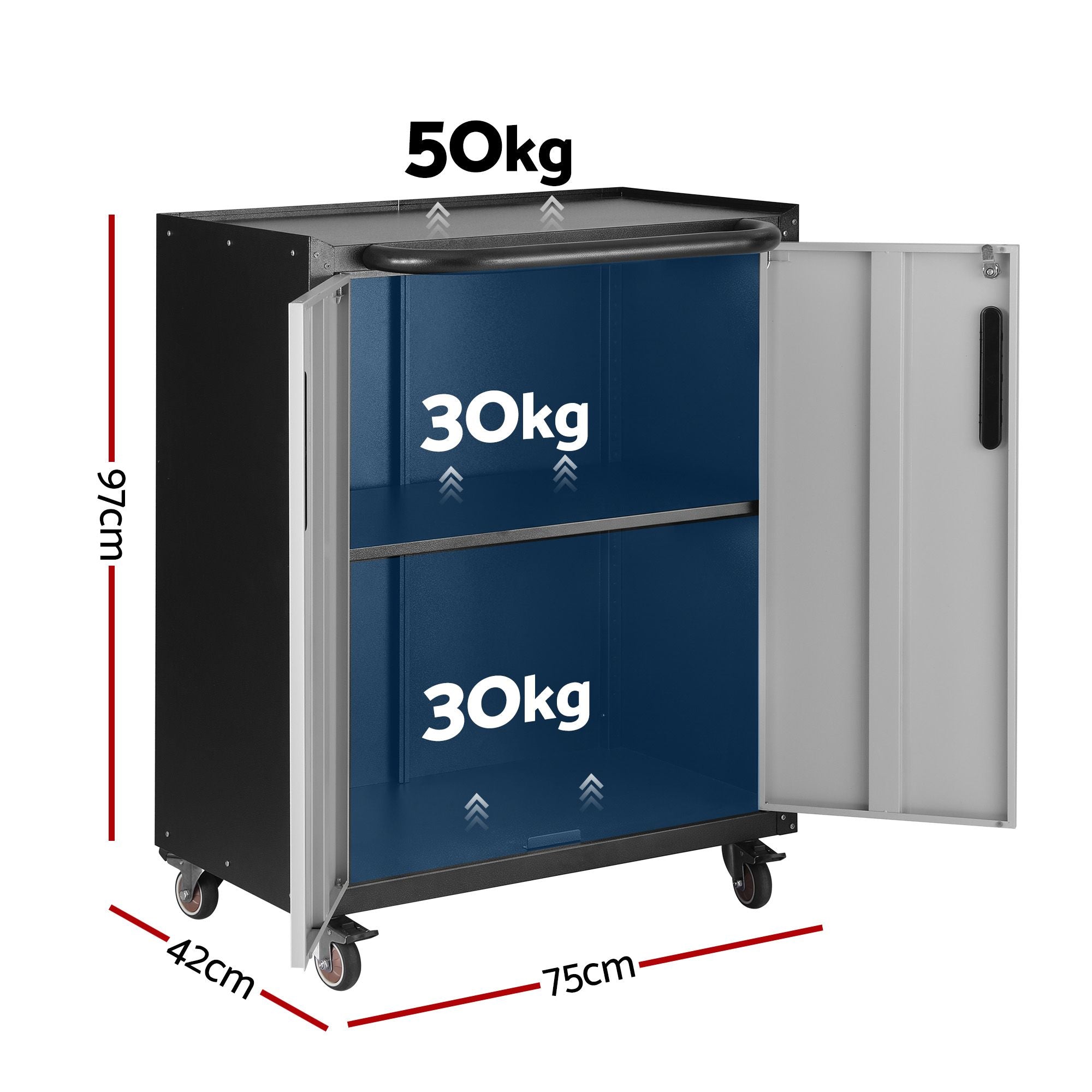 Giantz Rolling Tool Cabinet Heavy-Duty Storage Cabinet Adjustable Shelf Black and Grey