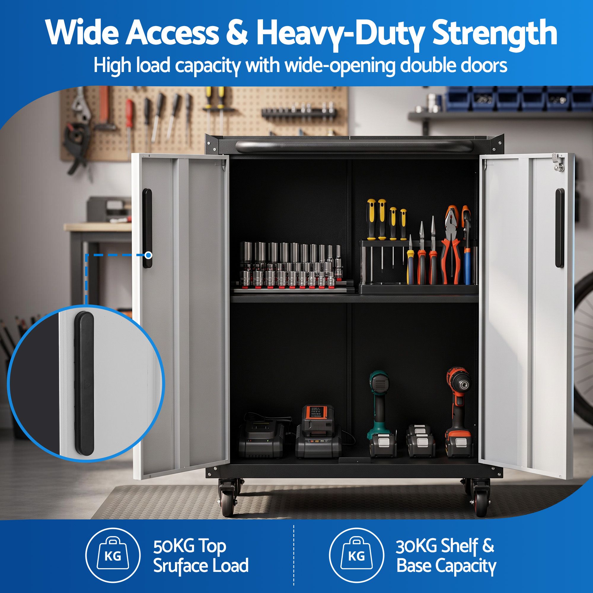 Giantz Rolling Tool Cabinet Heavy-Duty Storage Cabinet Adjustable Shelf Black and Grey