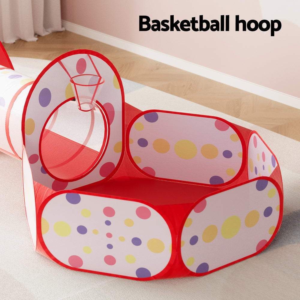Keezi 3-in-1 Kids Play Tent Teepee Ball Pit Tunnel Basketball Hoop Red