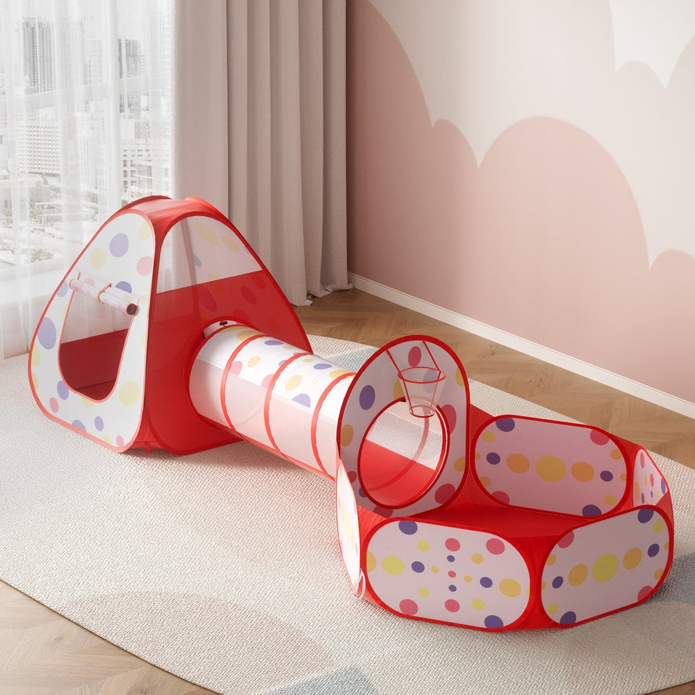 Keezi 3-in-1 Kids Play Tent Teepee Ball Pit Tunnel Basketball Hoop Red