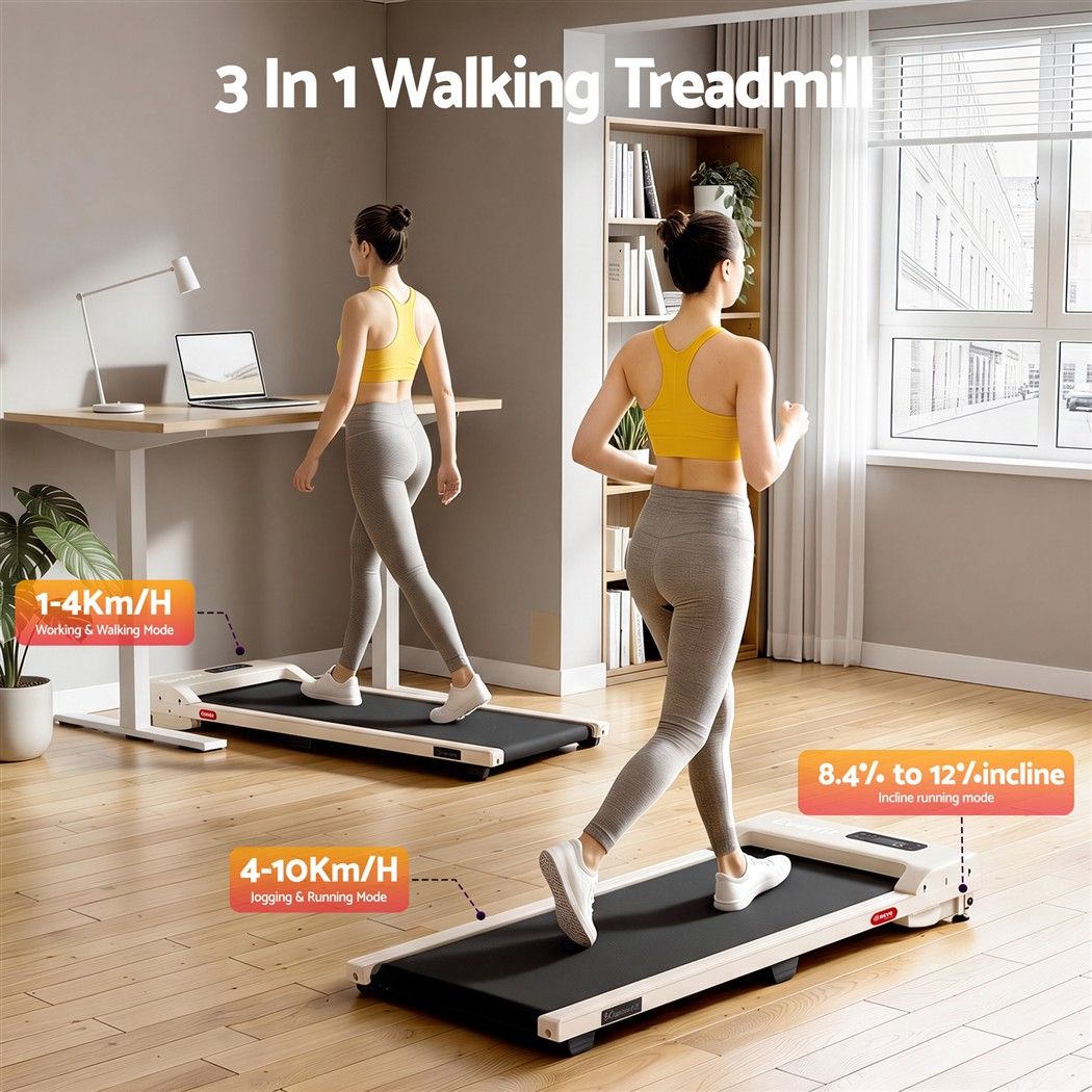 Everfit 3 in 1 Walking Pad Treadmill 12% Incline Under Desk Treadmills for Home Gym With 38cm Wide Belt Beige