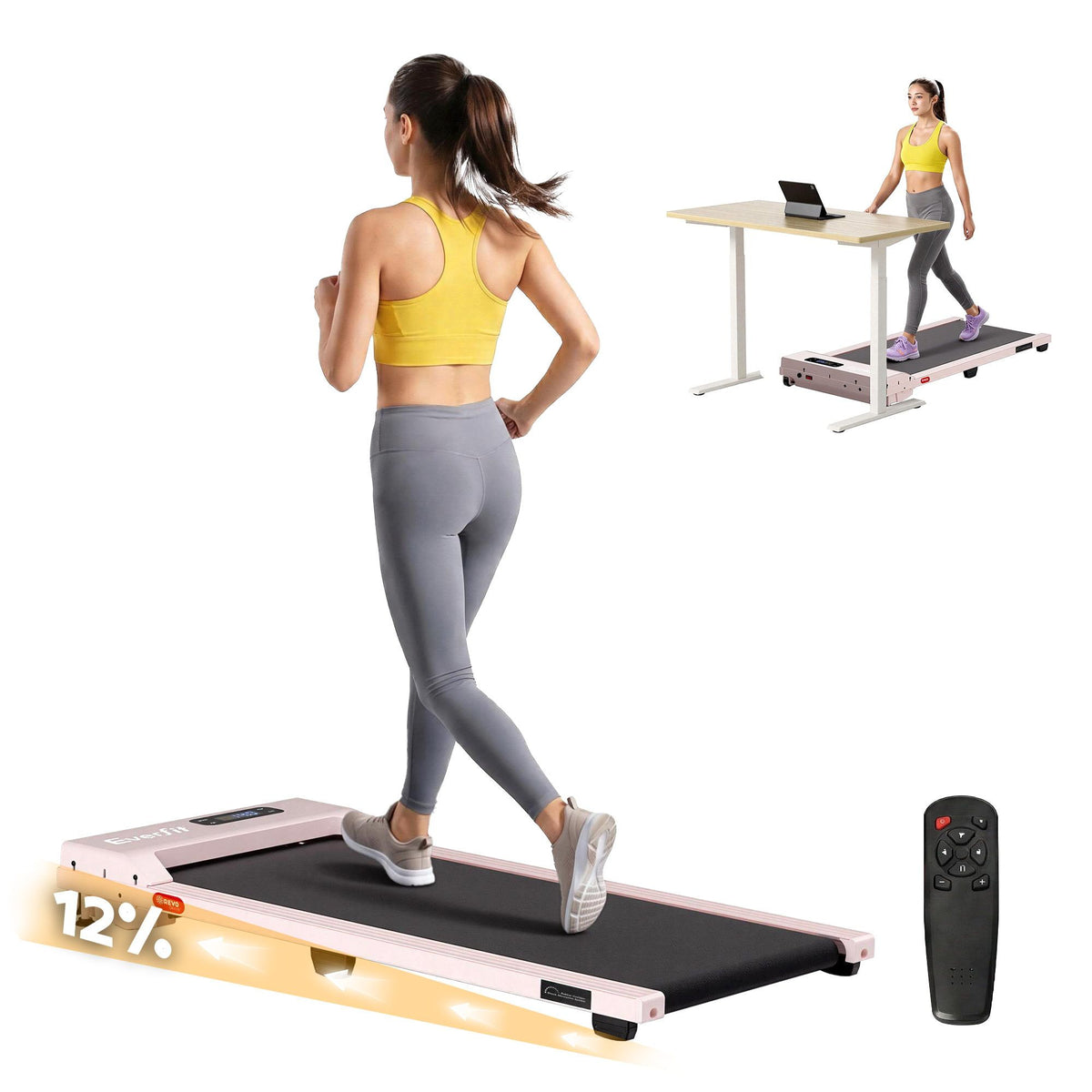 Everfit 3 in 1 Walking Pad Treadmill with 12% Incline Pink