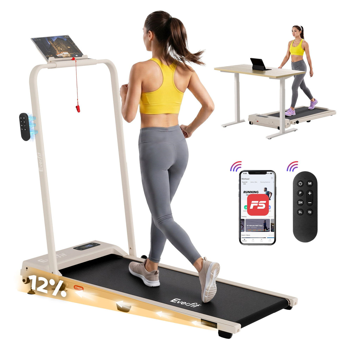 Everfit 3 in 1 Walking Pad Treadmill 12% Incline Foldable Under Desk Treadmill