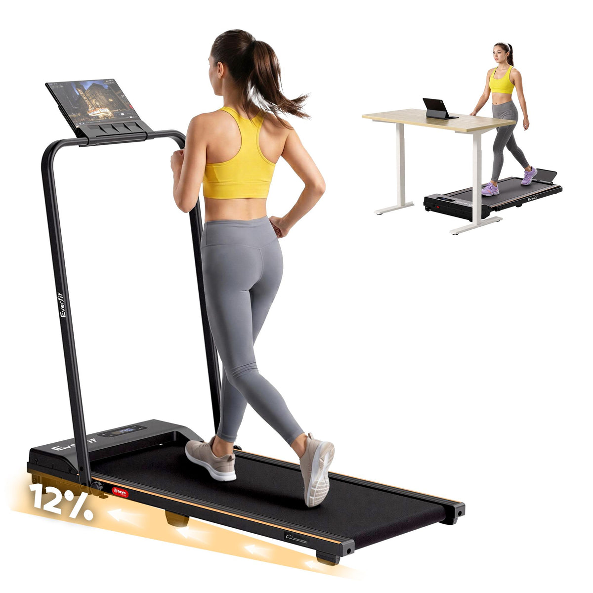 Everfit 3 in 1 Walking Pad Treadmill 12% Incline Under Desk Black