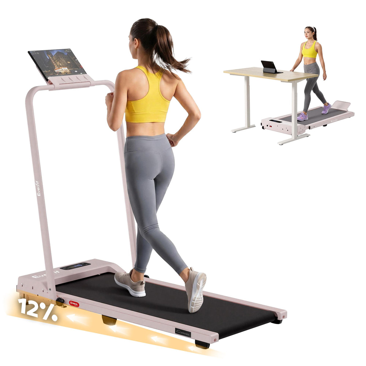Everfit 3 in 1 Walking Pad Treadmill 12% Incline Foldable Pink