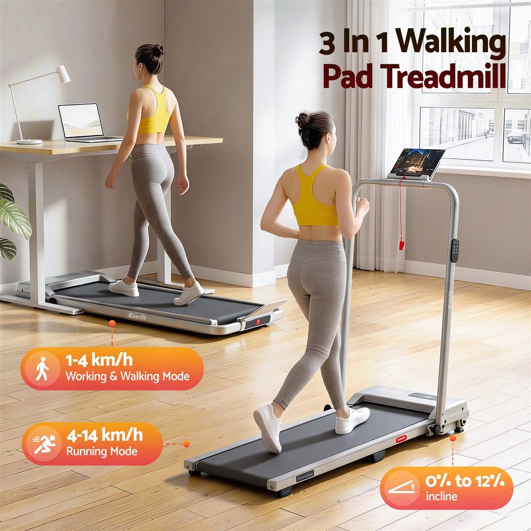 Everfit 3 in 1 Walking Pad Treadmill 12% Incline Under Desk Foldable for Home With 38cm Belt Silver