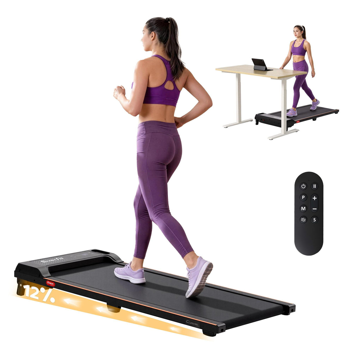 Everfit 3 in 1 Walking Pad Treadmill 12% Incline Under Desk Black
