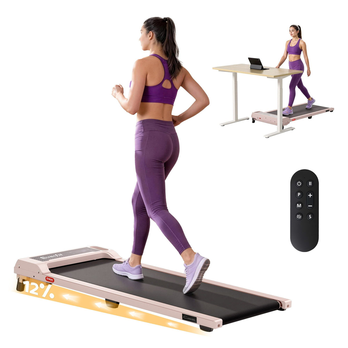Everfit 3-in-1 Walking Pad Treadmill with 12% Incline, Pink