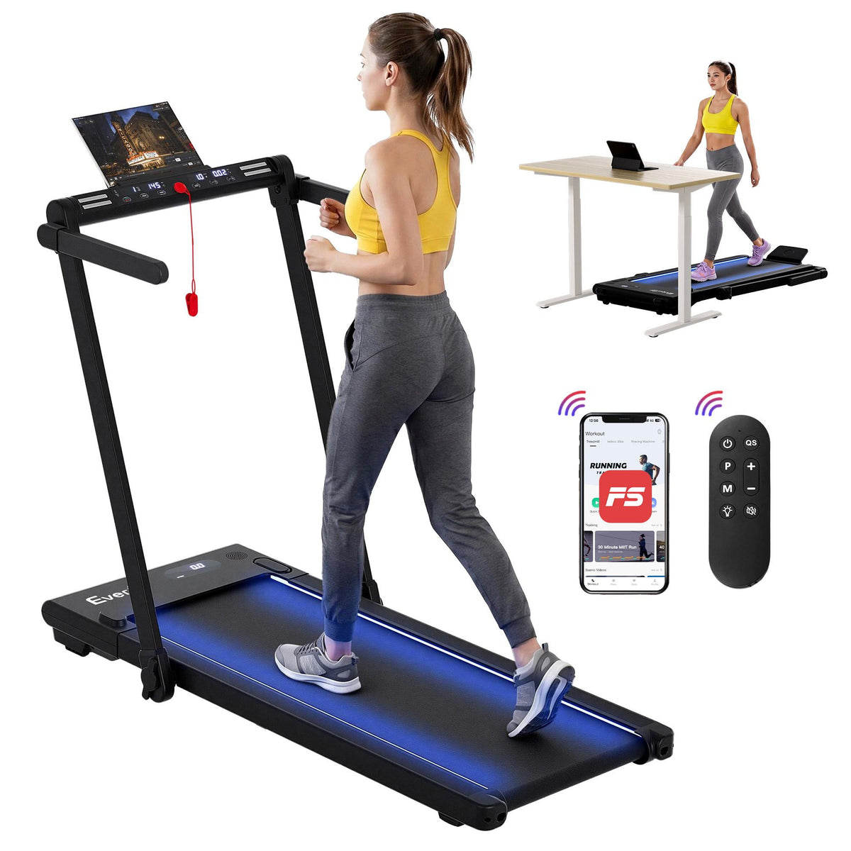 Everfit 3 in 1 Walking Pad Treadmill with LED Lights 40cm Belt Black