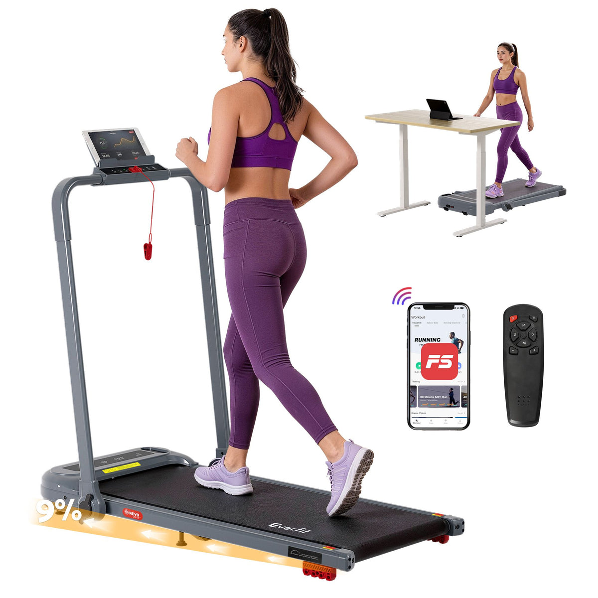 Everfit Electric Walking Pad Treadmill with Incline Foldable Grey